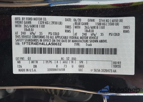 2020 Ford Ranger Lariat z USA, uszkodzony, nr VIN 1FTER4EH4LLA50632